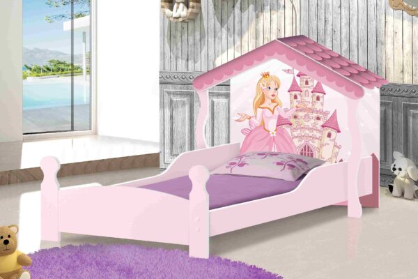 Cama Solteiro Casa Princesa Branco Rosa  Alt 1,19m Larg 0,99m Prof 1,94m