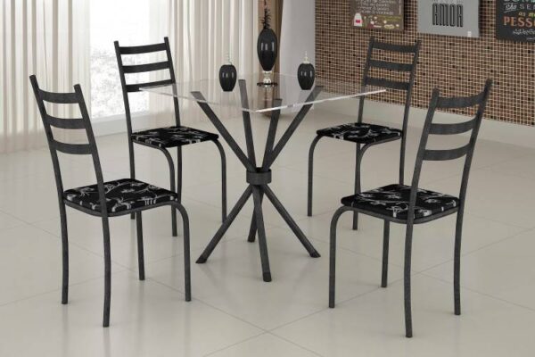 Tub Conjunto Mesa Maraba 75x75 Martelado Tmp Vidro Quadrado com 4 Cds