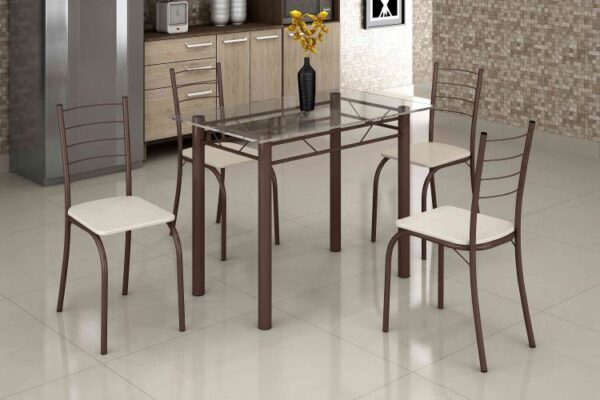 Tub Conjunto Mesa Rio 1,00 x 0,60 Martelado Tmp Vidro com 4 Cadeiras